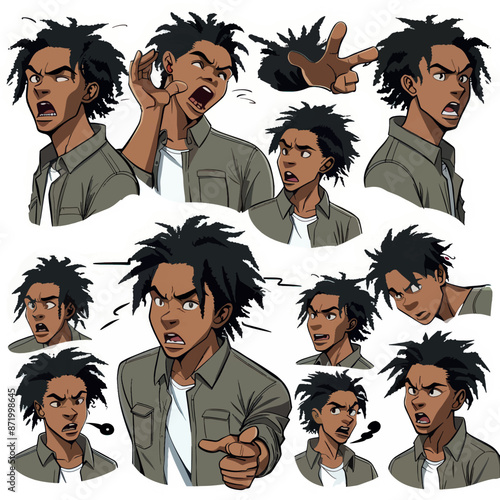 Animated Male Character With Different Facial Expressions and Hairstyles