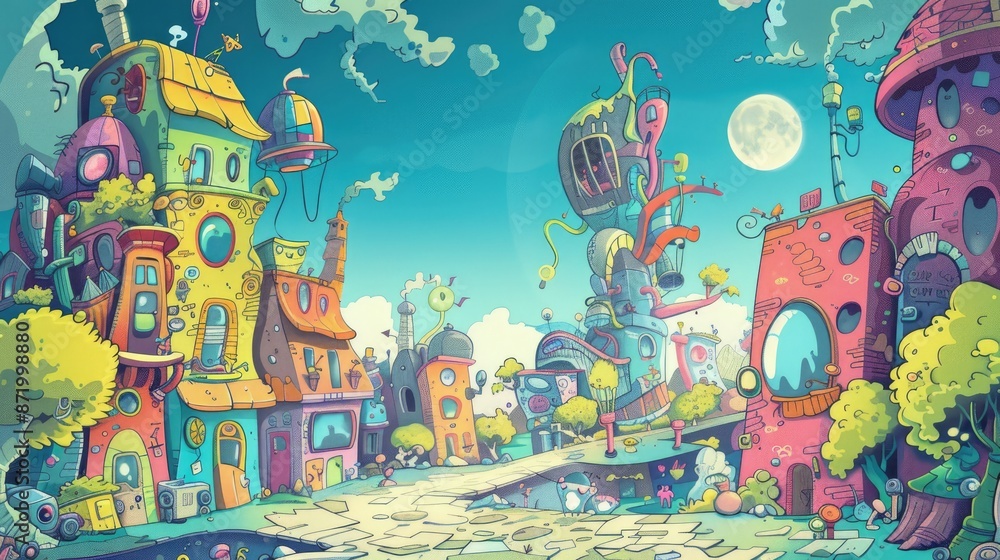Obraz premium Detailed hand-drawn cartoon illustration background with quirky characters and a lively setting, great for storytelling