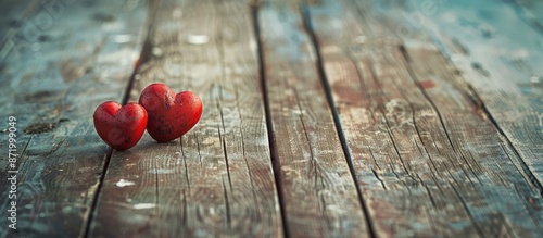 Valentine's Day-themed rustic setting with two red hearts placed on a wooden table, creating a romantic ambiance with a background perfect for copy space image. photo