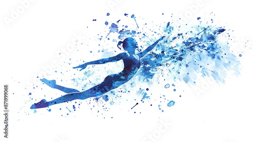 Blue Ink Painting of swimming event Silhouette: Light Blue swimmer Watercolor Style with Splash Effects.
