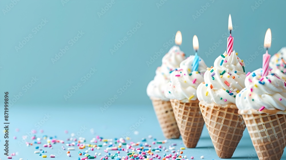 Colorful Ice Cream Cones with Lit Candles and Sprinkles for Birthday Colorful Ice Cream Cones with Lit Candles and Sprinkles for Birthday
