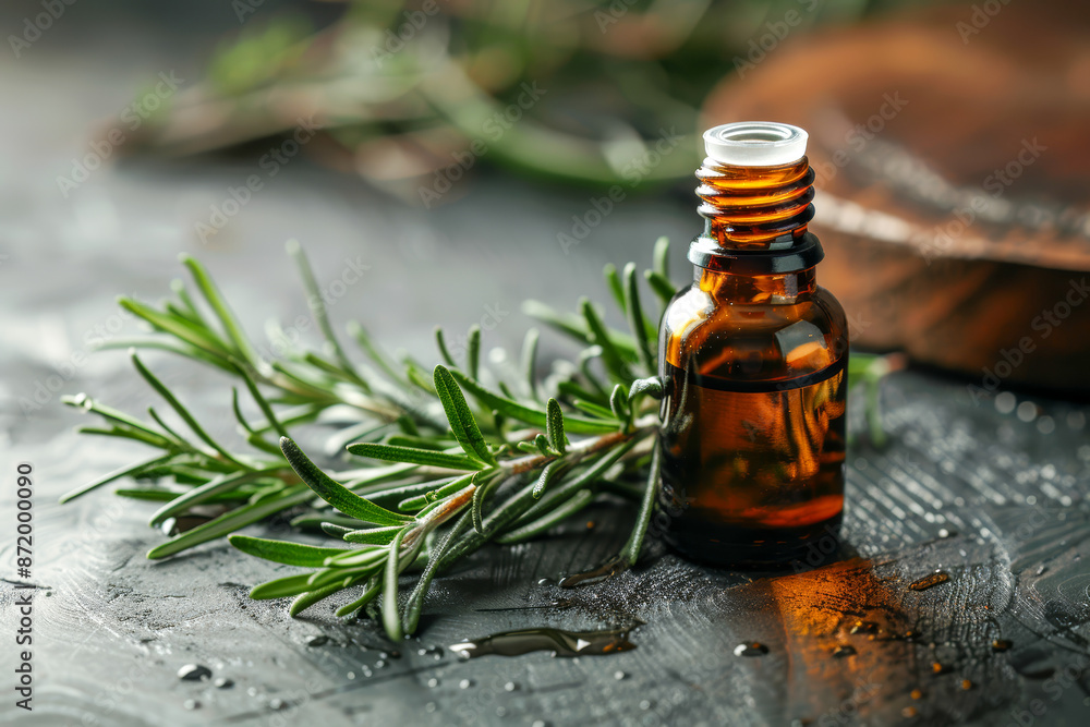 Aromatherapy Brown Glass Essential Oil Bottle with Fresh Rosemary on Wet Table Aromatherapy Brown Glass Essential Oil Bottle with Fresh Rosemary on Wet Table