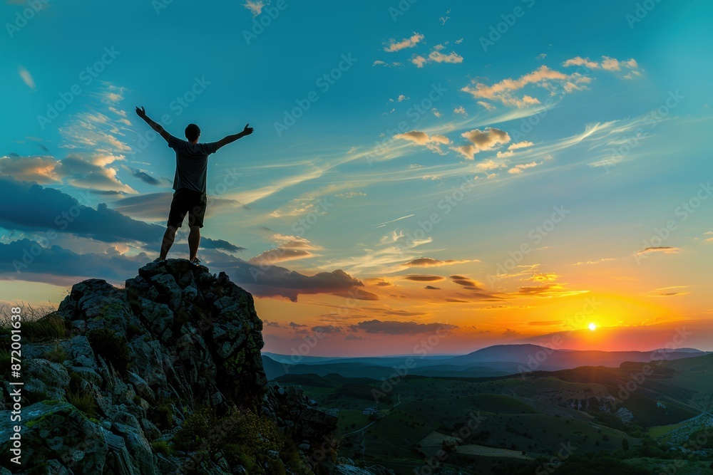 Silhouette of man standing on top mountain with arms raised against blue sky at sunset, wide angle lens Generative AI Silhouette of man standing on top mountain with arms raised against blue sky at sunset, wide angle lens Generative AI