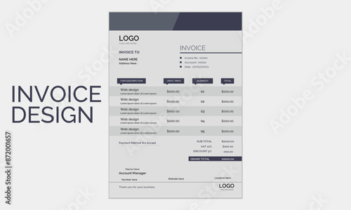 Corporate, modern, unique, professional invoice design with color, business stationery design template.