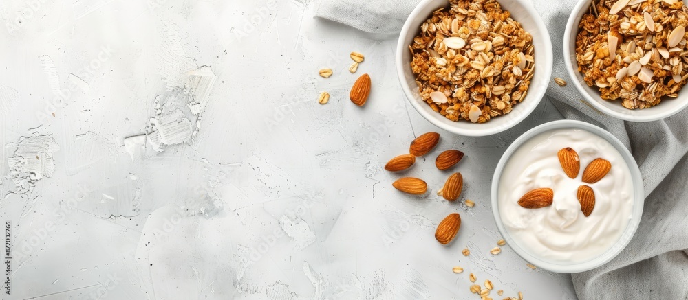 Top view of yogurt, granola, and almonds in bowls on a white surface with copy space image for an organic breakfast recipe concept. Top view of yogurt, granola, and almonds in bowls on a white surface with copy space image for an organic breakfast recipe concept.