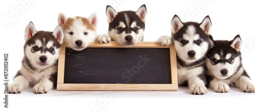 Siberian husky puppies posing with chalk board on white backdrop, creating a charming copy space image.