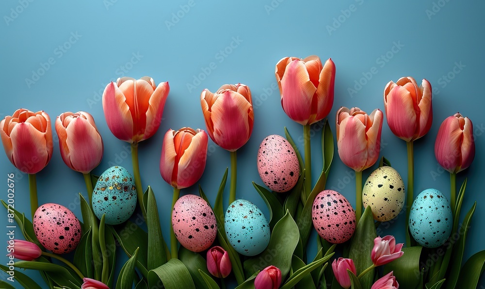 happy easter concept frame top border made of tulips spring flowers, colorful easter eggs on light blue background.illustration happy easter concept frame top border made of tulips spring flowers, colorful easter eggs on light blue background.illustration