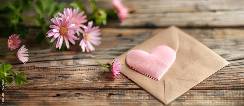 A feminine greeting card mockup on a wooden background featuring a pink heart and flower for Women's Day celebrations, presenting ample copy space. A feminine greeting card mockup on a wooden background featuring a pink heart and flower for Women's Day celebrations, presenting ample copy space.