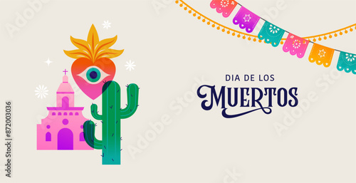 Day of the Dead, Dia de los Muertos, Mexican holiday. Vector poster, banner and card in modern geometrical style, with skulls, church, guitar and flowers