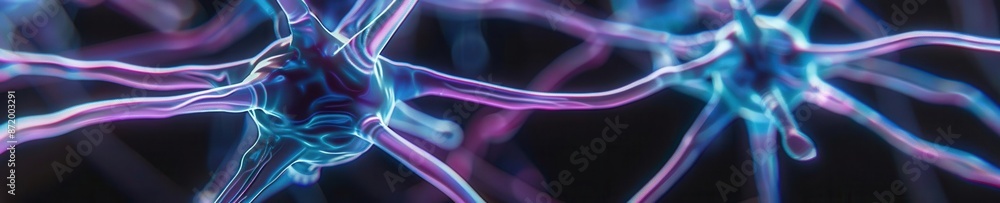 Close-up of a neuron network glowing with blue and purple hues, symbolizing Alzheimer's research, sci-fi, detailed, digital illustration Close-up of a neuron network glowing with blue and purple hues, symbolizing Alzheimer's research, sci-fi, detailed, digital illustration