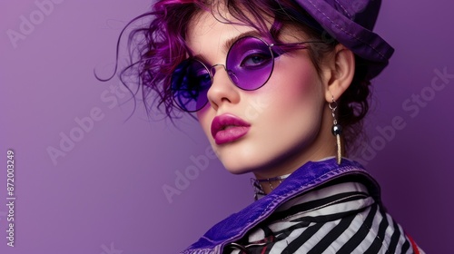 Beautiful young model woman with glasses and alternative painted hair. fashion concept