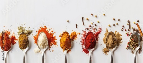 Fototapeta Naklejka Na Ścianę i Meble -  The composition features spoons filled with various kitchen herbs and spices like red pepper, curcuma, and cinnamon on a white background with copy space image.