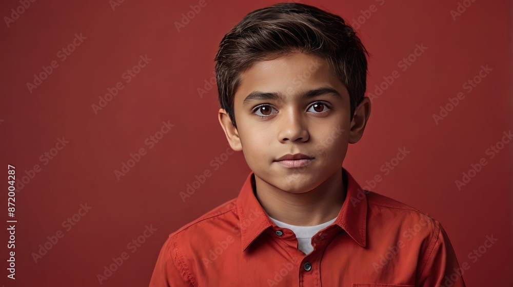 Obraz premium The portrait of a lovely young Boy looks space wearing a shirt isolated on Red color background