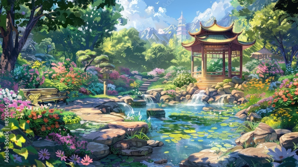 Obraz premium Fantasy anime park illustration showcasing a charming gazebo, winding streams, and vibrant flower gardens, perfect for a magical outdoor setting