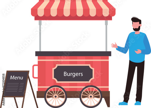 The boy owns a burger stall.