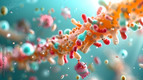 Detailed 3D rendering of realistic bacteria illustrating pathogenesis, set against a minimalist abstract background 