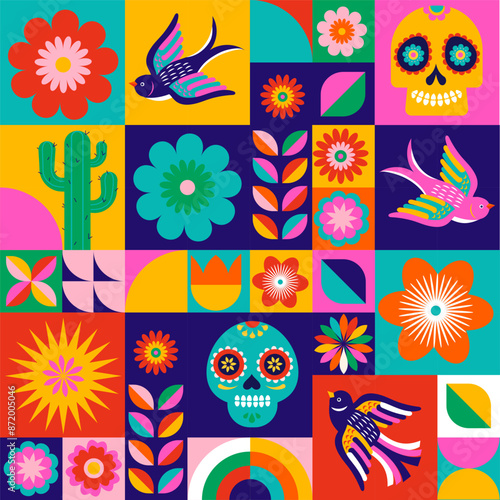 Day of the Dead, Dia de los Muertos, geometrical seamless pattern, icons for Mexican holiday. Vector poster, banner and card in modern geometrical style, with skulls, church, guitar and flowers