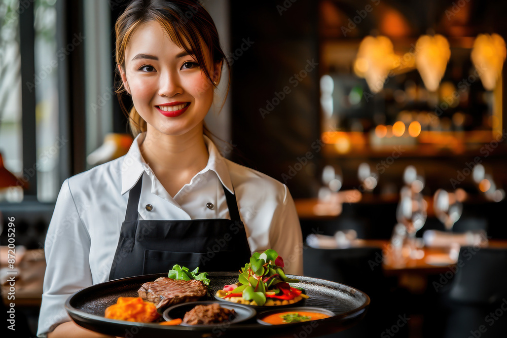 A smiling waitress in uniform presenting a gourmet meal on a tray in a modern, elegant restaurant setting. A smiling waitress in uniform presenting a gourmet meal on a tray in a modern, elegant restaurant setting.