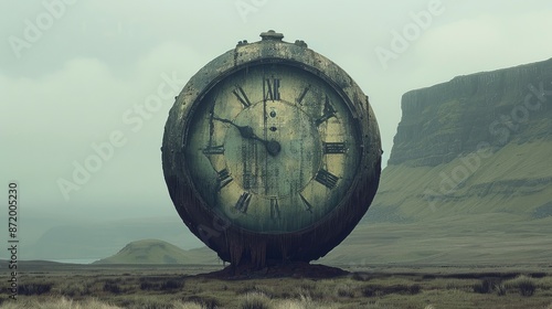  Minimalist, surreal digital art of a giant clock face embedded in a mountain, floating in an empty desert, muted colors,
