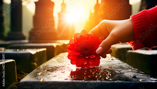 Extreme close-up of the hand of a woman, putting a red flower on a black marble tombstone wet from the rain in a cemetery. Mourning concept. Generative Ai.