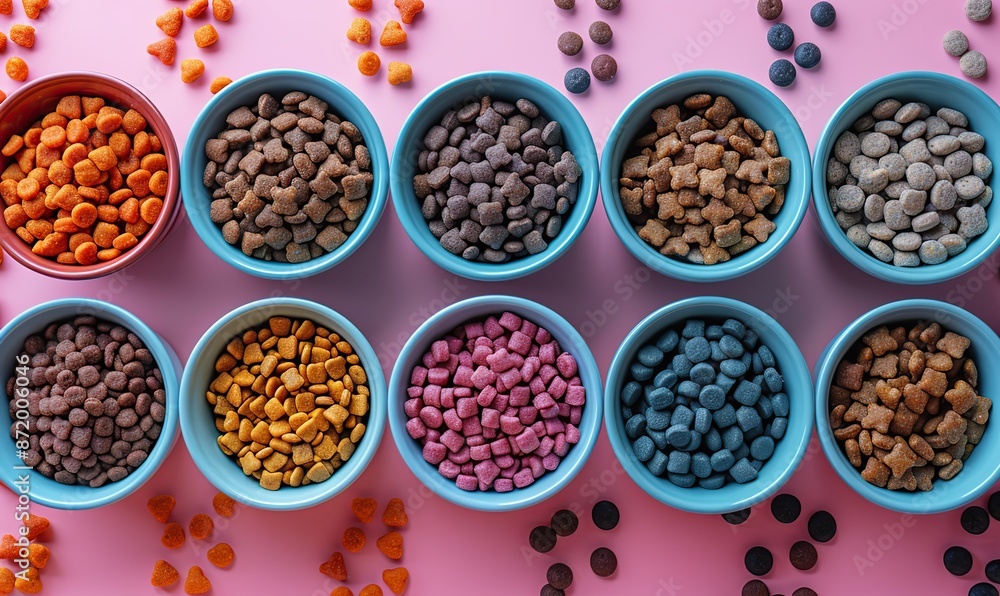 flat lay composition, pet accessories toys dry food bowl on pastel pink table pet care, training concept.image flat lay composition, pet accessories toys dry food bowl on pastel pink table pet care, training concept.image