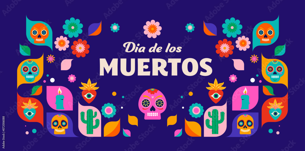 Day of the Dead, Dia de los Muertos, Mexican holiday. Vector poster, banner and card in modern geometrical style, with skulls, church, guitar and flowers Day of the Dead, Dia de los Muertos, Mexican holiday. Vector poster, banner and card in modern geometrical style, with skulls, church, guitar and flowers