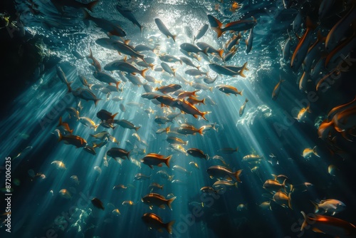 A swirl of Ocean sunfish swimming, shot from beneath the group looking up, sunlight streaming down through the water