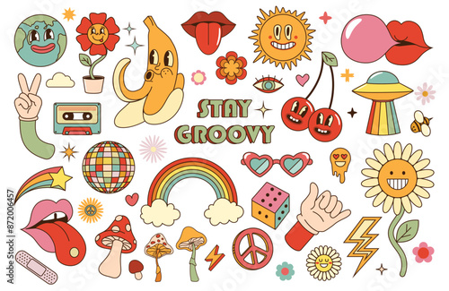Groovy sticker. Retro 70s hippie stickers, psychedelic groovy elements. Cartoon funky mushroom, flower, rainbow, vintage hippy vector set. Disco ball, banana and cherries.