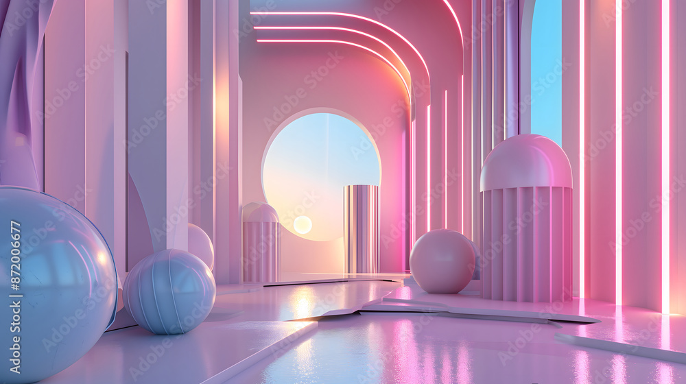 abstract 3d render ball and line with pink background and sunlight in the futuristic style. abstract 3d render ball and line with pink background and sunlight in the futuristic style.