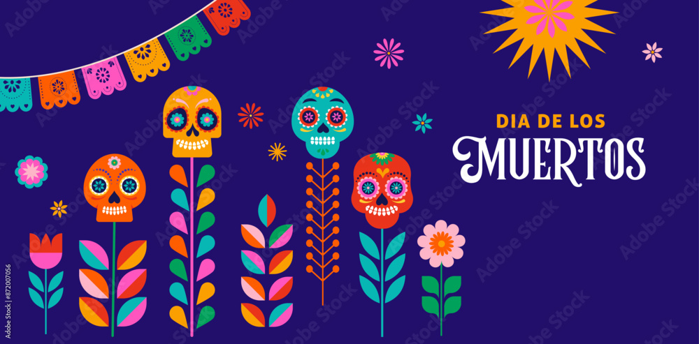 Obraz premium Day of the Dead, Dia de los Muertos, Mexican holiday. Vector poster, banner and card in modern geometrical style, with skulls, church, guitar and flowers