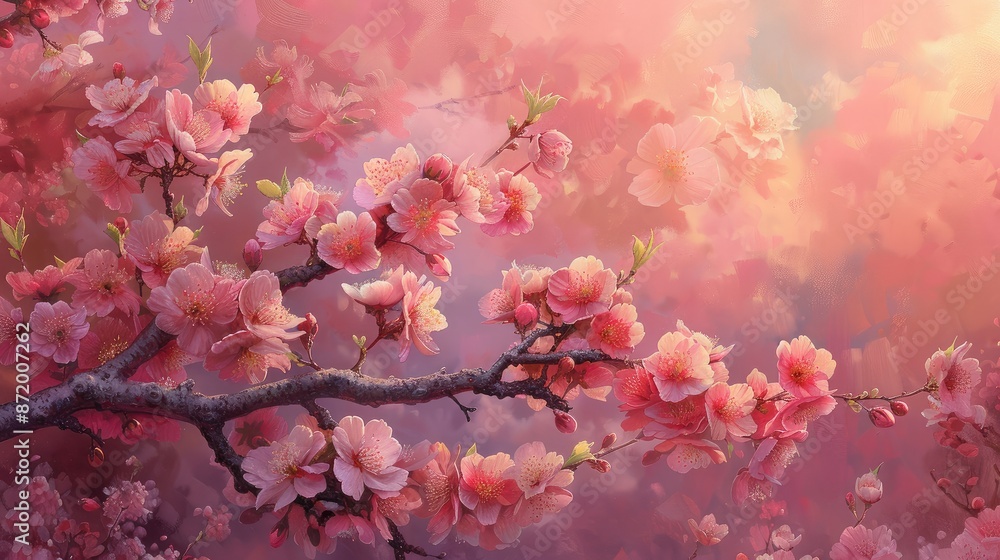 Cherry blossoms in full bloom against pink sky Cherry blossoms in full bloom against pink sky