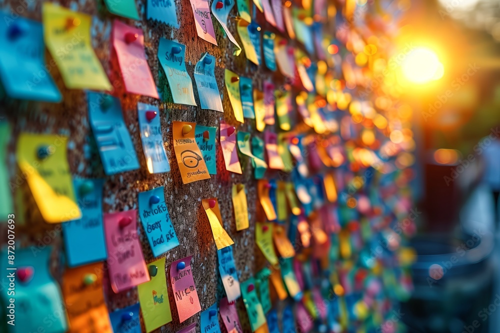 Fototapeta premium Colorful Sticky Notes On A Wall At Sunset