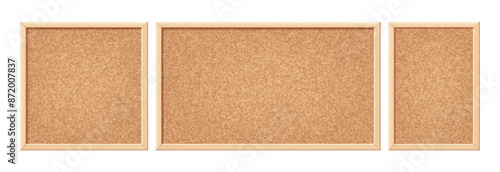 Cork board. Noticeboard with cork texture in square and rectangular wooden frame. Corkboard, blank pin board with brown grain texture for school or office announcement. Realistic 3d vector set