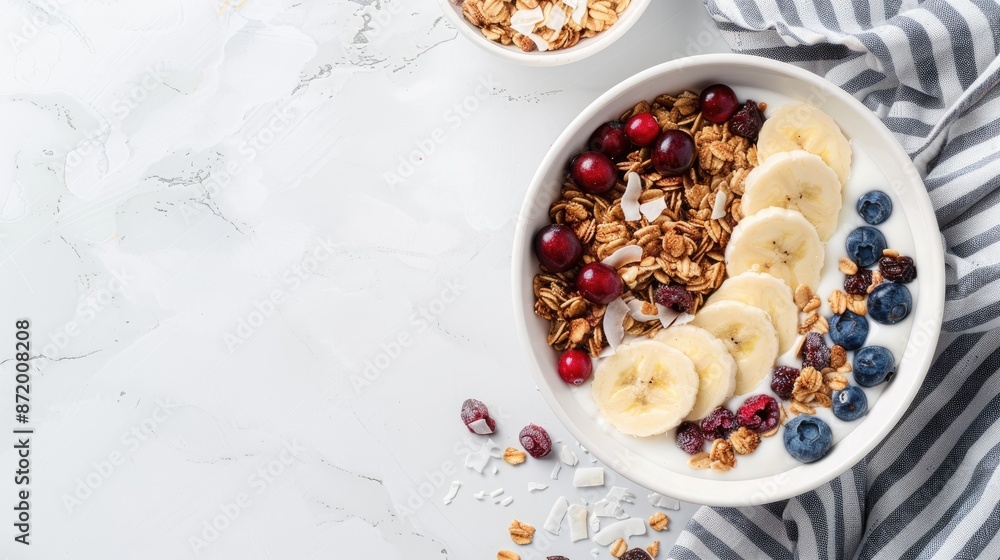 A bowl of yogurt with banana slices, blueberries, and granola on a white surface with a spoon. A bowl of yogurt with banana slices, blueberries, and granola on a white surface with a spoon.