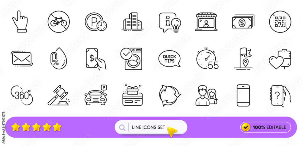 No alcohol, Qr code and Click hand line icons for web app. Pack of Bicycle prohibited, Washing machine, Timer pictogram icons. Lamp, 360 degree, Smartphone signs. Auction hammer, Parking. Vector No alcohol, Qr code and Click hand line icons for web app. Pack of Bicycle prohibited, Washing machine, Timer pictogram icons. Lamp, 360 degree, Smartphone signs. Auction hammer, Parking. Vector