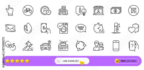 No alcohol, Qr code and Click hand line icons for web app. Pack of Bicycle prohibited, Washing machine, Timer pictogram icons. Lamp, 360 degree, Smartphone signs. Auction hammer, Parking. Vector