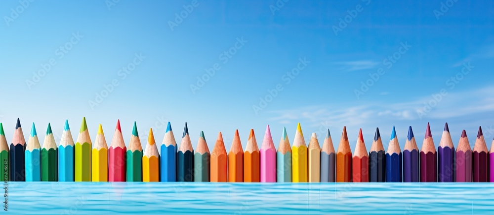 An assortment of vibrant crayons in various sizes arranged neatly at the bottom left of an ocean blue background in a closeup shot with copy space image.