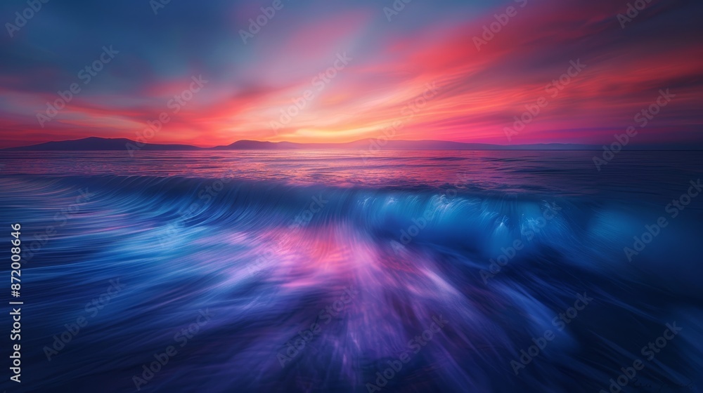 A mystical ocean scene, calm waves, twilight sky, vivid sunset colors A mystical ocean scene, calm waves, twilight sky, vivid sunset colors