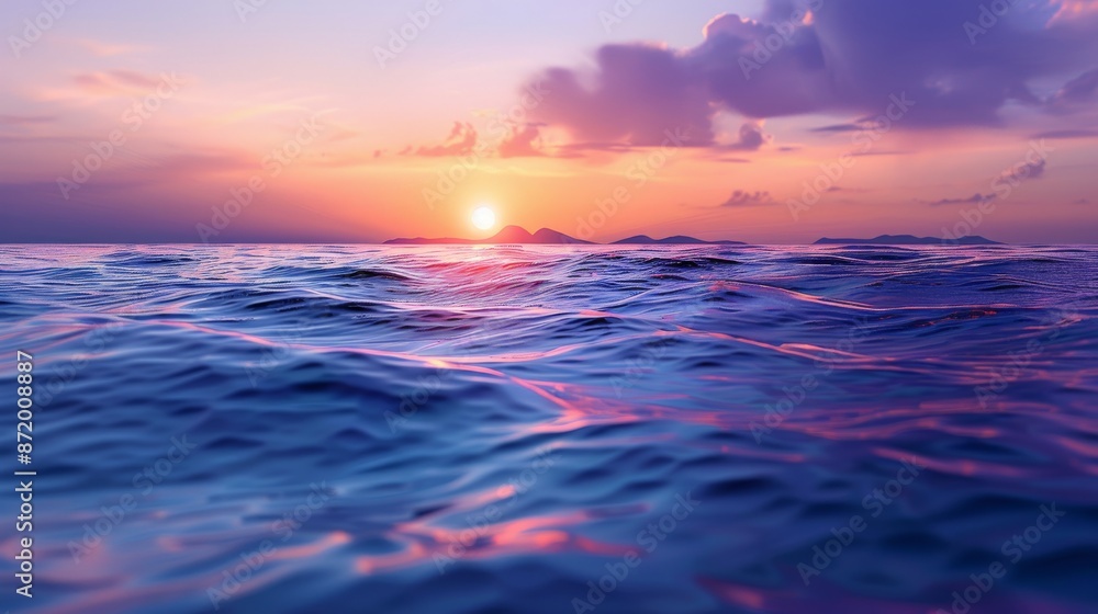 Obraz premium A mystical ocean scene, calm waves, twilight sky, vivid sunset colors