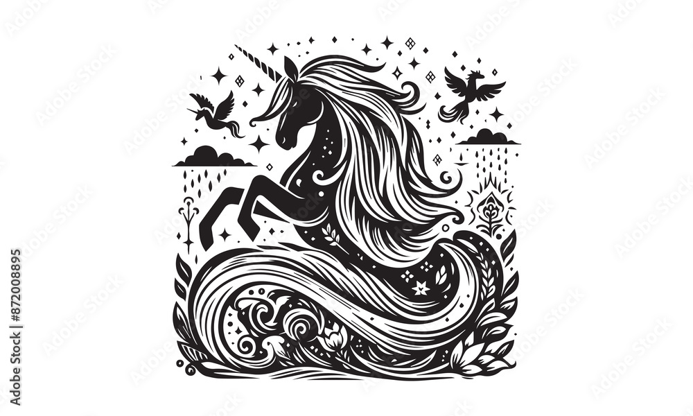 Obraz premium unicorn, Magic unicorn silhouette, Silhouette of a flying unicorn, Unicorn head circle tattoo illustration, horses tattoo. Black unicorn silhouette vector style and white background