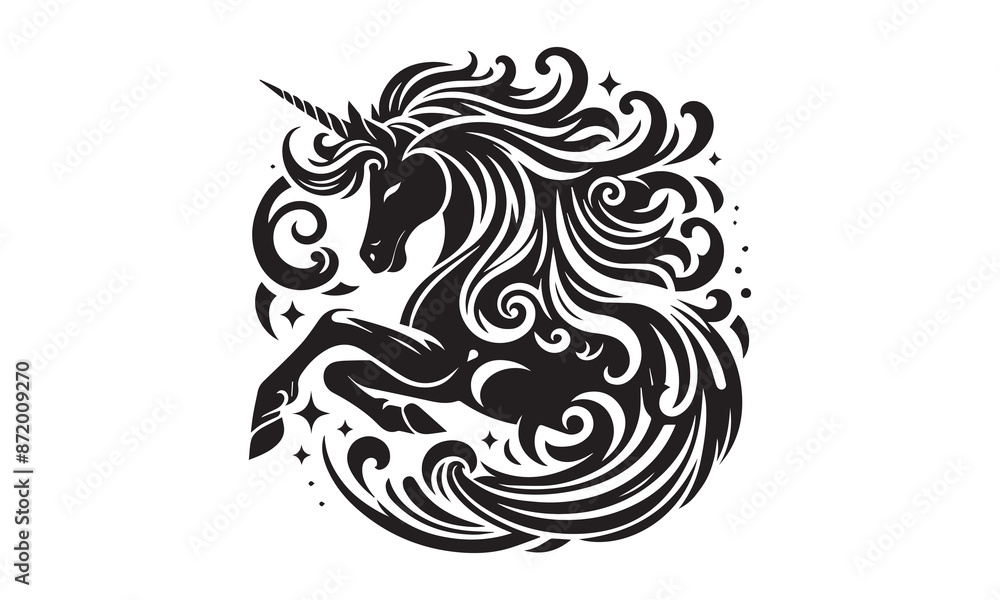 unicorn, Magic unicorn silhouette, Silhouette of a flying unicorn, Unicorn head circle tattoo illustration, horses tattoo. Black unicorn silhouette vector style and white background unicorn, Magic unicorn silhouette, Silhouette of a flying unicorn, Unicorn head circle tattoo illustration, horses tattoo. Black unicorn silhouette vector style and white background