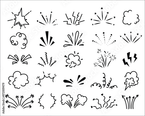 Doodle line sparkles and rays. Explosion with radial lines, idea, surprise and exclamation icons in comic cartoon manga style. Sunburst shine sparkle vector isolated set.
