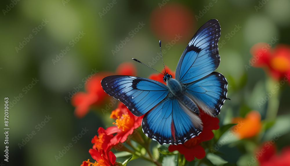 Beautiful blue butterfly sitting on red flower with blurred background. Generative AI Beautiful blue butterfly sitting on red flower with blurred background. Generative AI
