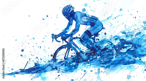 Blue Ink Painting of fast Cyclist Silhouette: Light Blue Watercolor Style with Splash Effects. photo