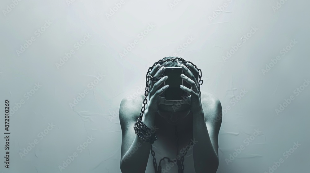 a person whose hands are chained to a smartphone, symbolizing addiction a person whose hands are chained to a smartphone, symbolizing addiction