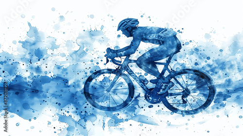 Blue Ink Painting of fast Cyclist Silhouette: Light Blue Watercolor Style with Splash Effects. photo