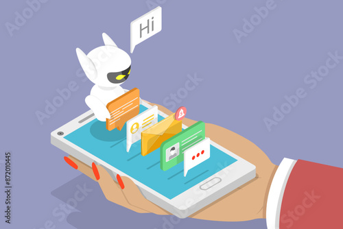 3D Isometric Flat Vector Illustration of Mobile Chatbot, App for SMS Messaging on smartphone with Chat Bot.