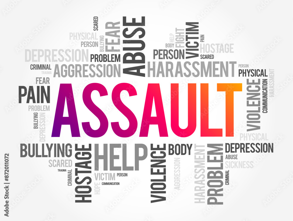 Assault - act of committing physical harm or unwanted physical contact upon a person, word cloud concept background Assault - act of committing physical harm or unwanted physical contact upon a person, word cloud concept background