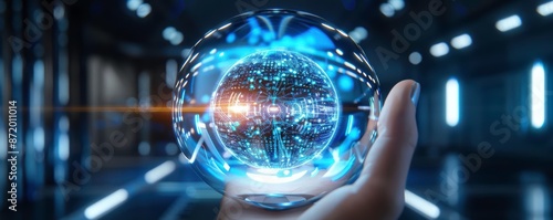 A futuristic scene with a hand holding a glowing orb in a dark room. The orb has vibrant blue lights, symbolizing advanced technology and innovation. photo