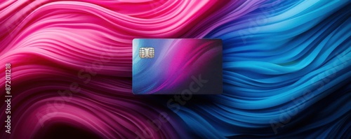 Show a modern, sleek credit card design against a backdrop of swirling patterns